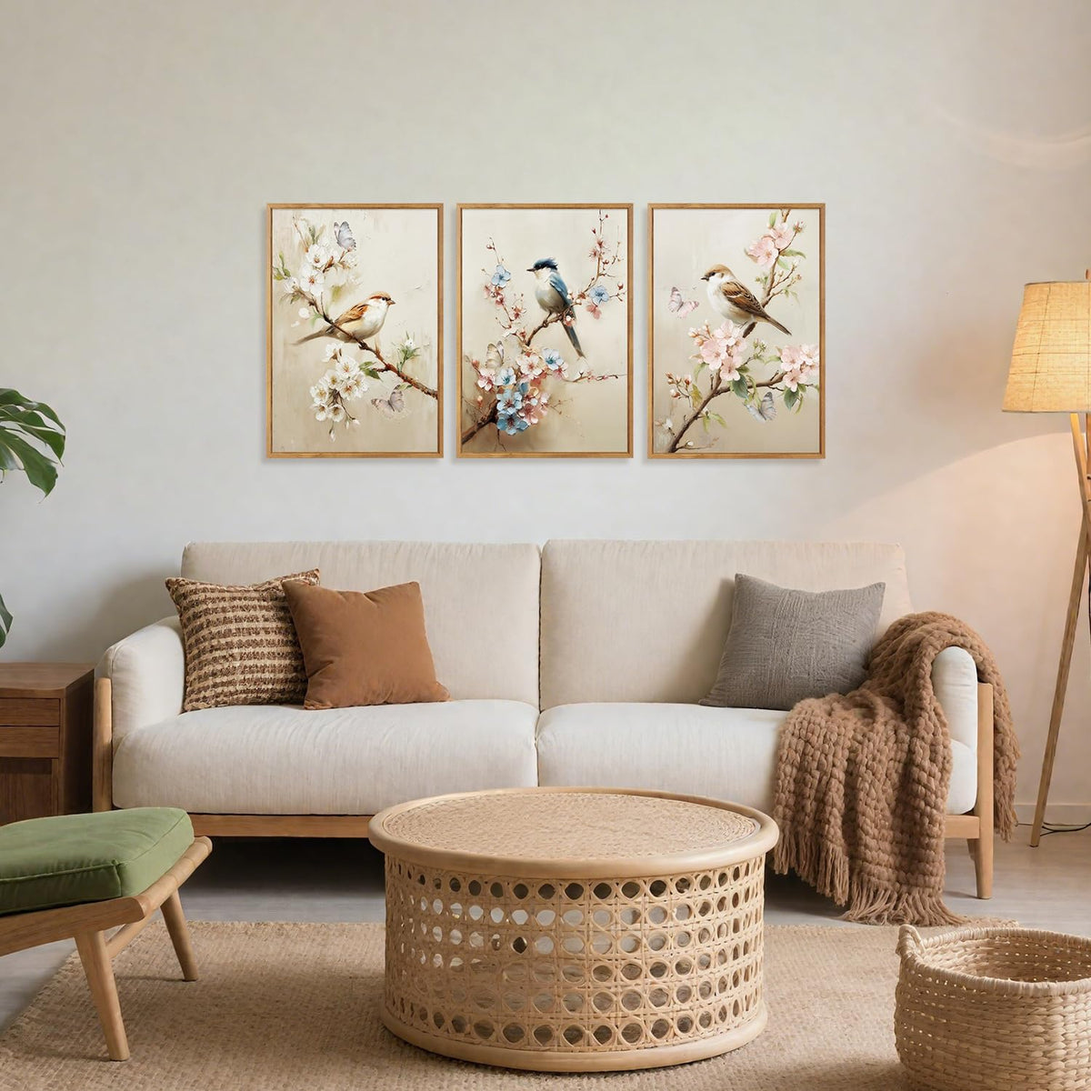 Bird and Blossom Framed Canvas Wall Art Set Of 3 (Bird)