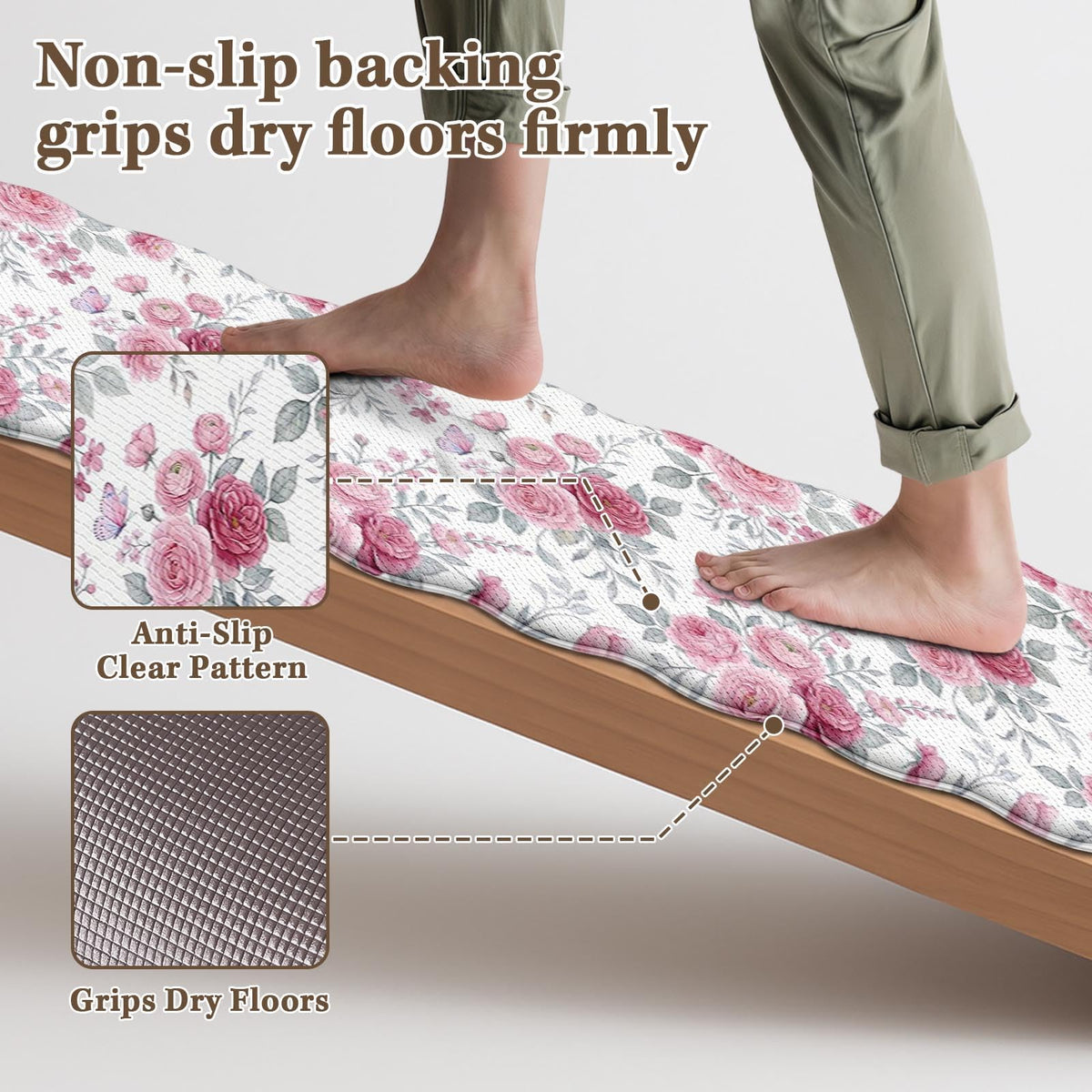 Anti Fatigue Kitchen Mats Set 2 (Vintage Roses / 17.3''x29.9''+17.3''x47'')
