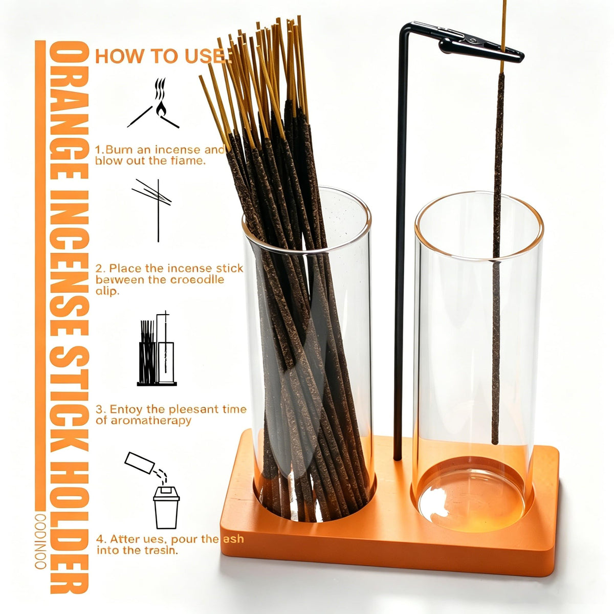 2 in 1 Incense Holder for Sticks Incense Burner Holder with Storage (Orange / 2 tall glass)