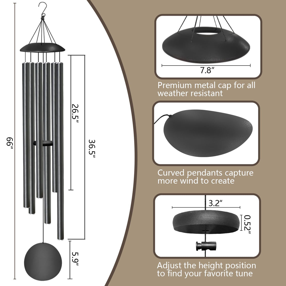 66" Wind Chimes for Outside Deep Tone (Black / 66 inches)
