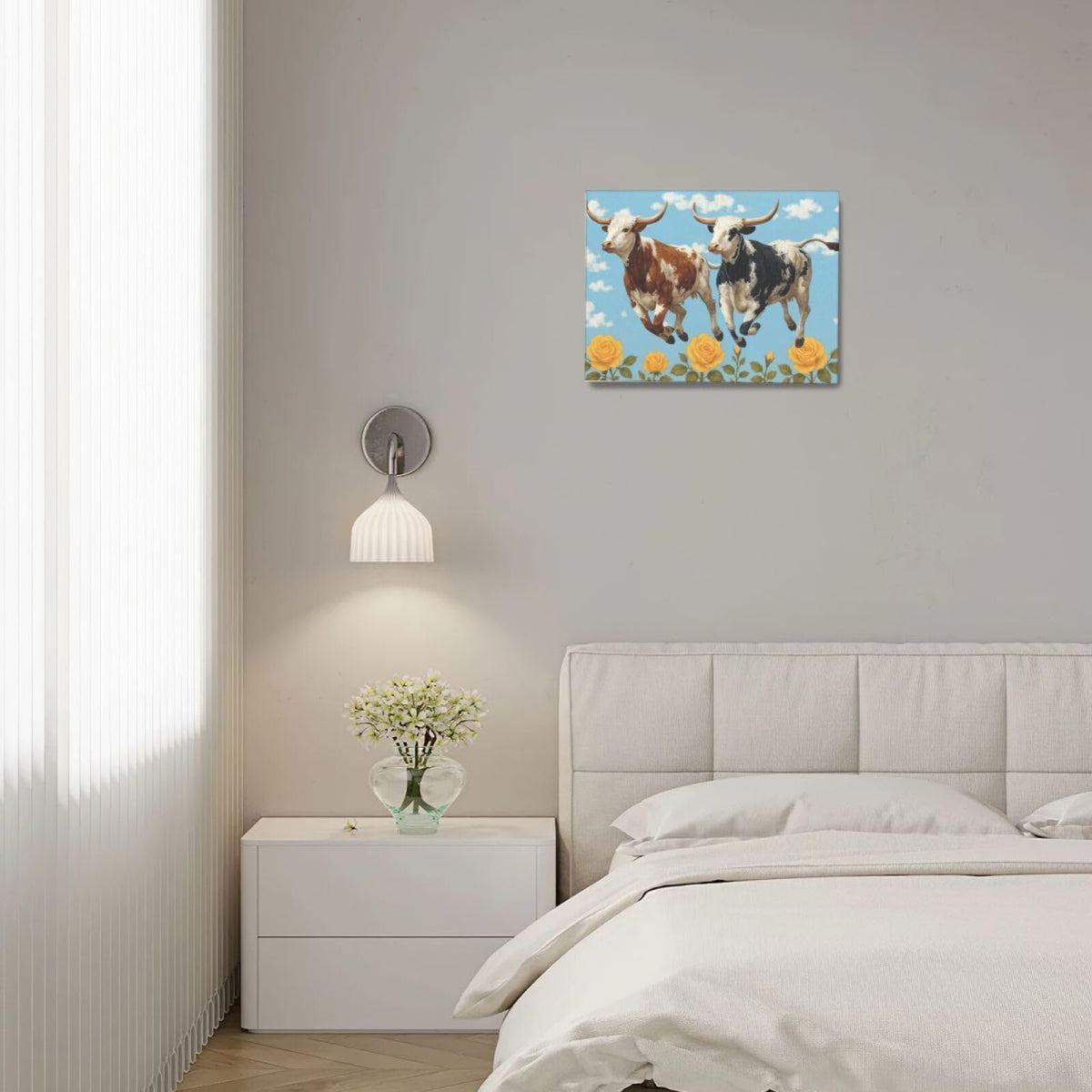 Longhorn Cow Wall Decor Funny Cow Canvas Wall Art Cute Cattle Pictures Painting Artwork Framed Decoration for Bedroom Bathroom Living Room Kitchen Dining Room Office 12"x16" (Longhorn / 16L"×12W")