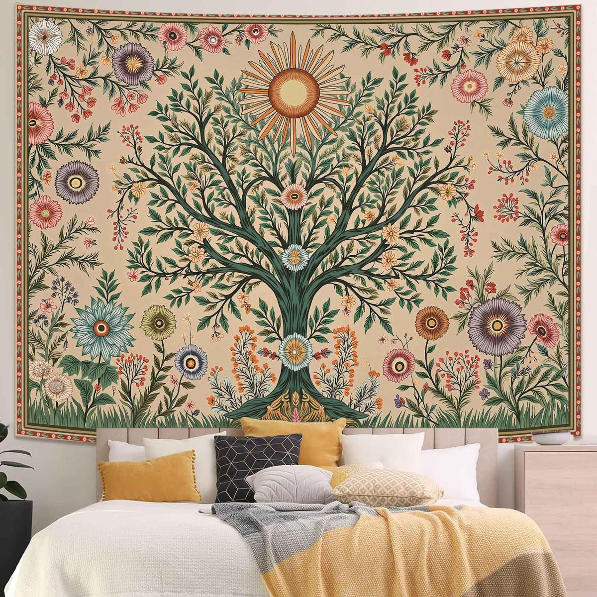 Chakra Tree Wall Tapestry (60"L x 44"W / Cream Green)