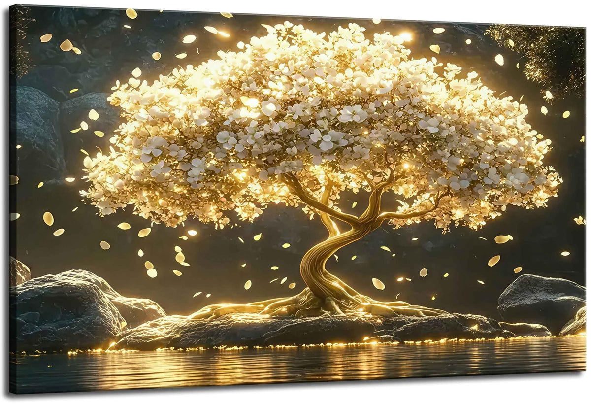 Large Tree of Life Canvas Wall Art Abstract Gold Tree Mountain Lake Decor painting Pictures Nordic Golden White Flowers Posters Prints for living room Bathroom Bedroom Office Hallway Home Decoration (Tree / 36"L x 24"W)