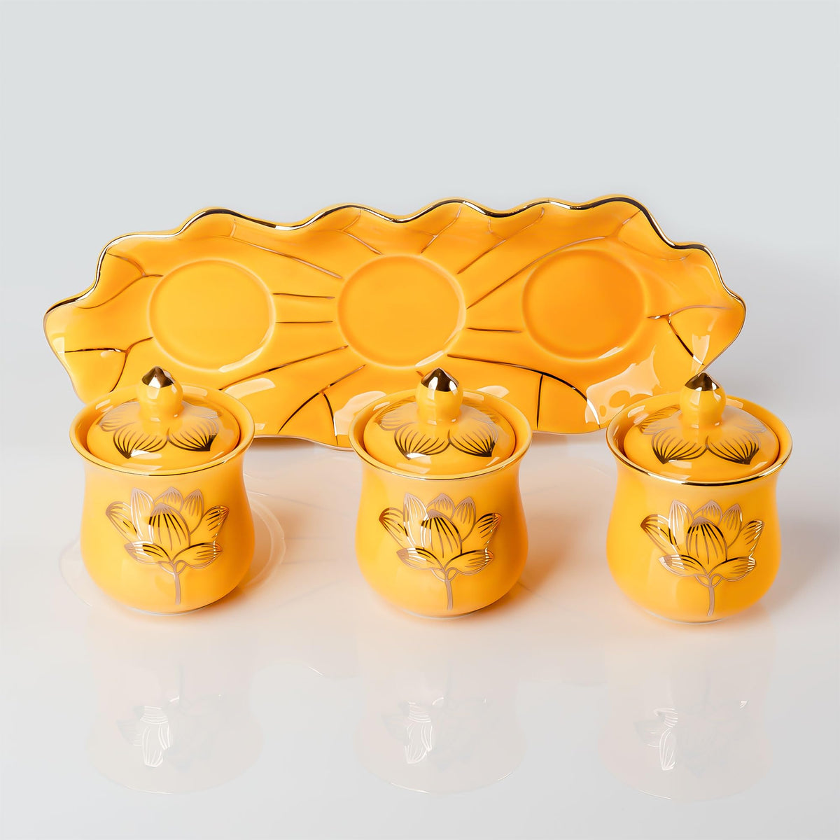Yellow Buddhist 3 Altar Cups Set (3 Yellow Ceramic Cup Set)