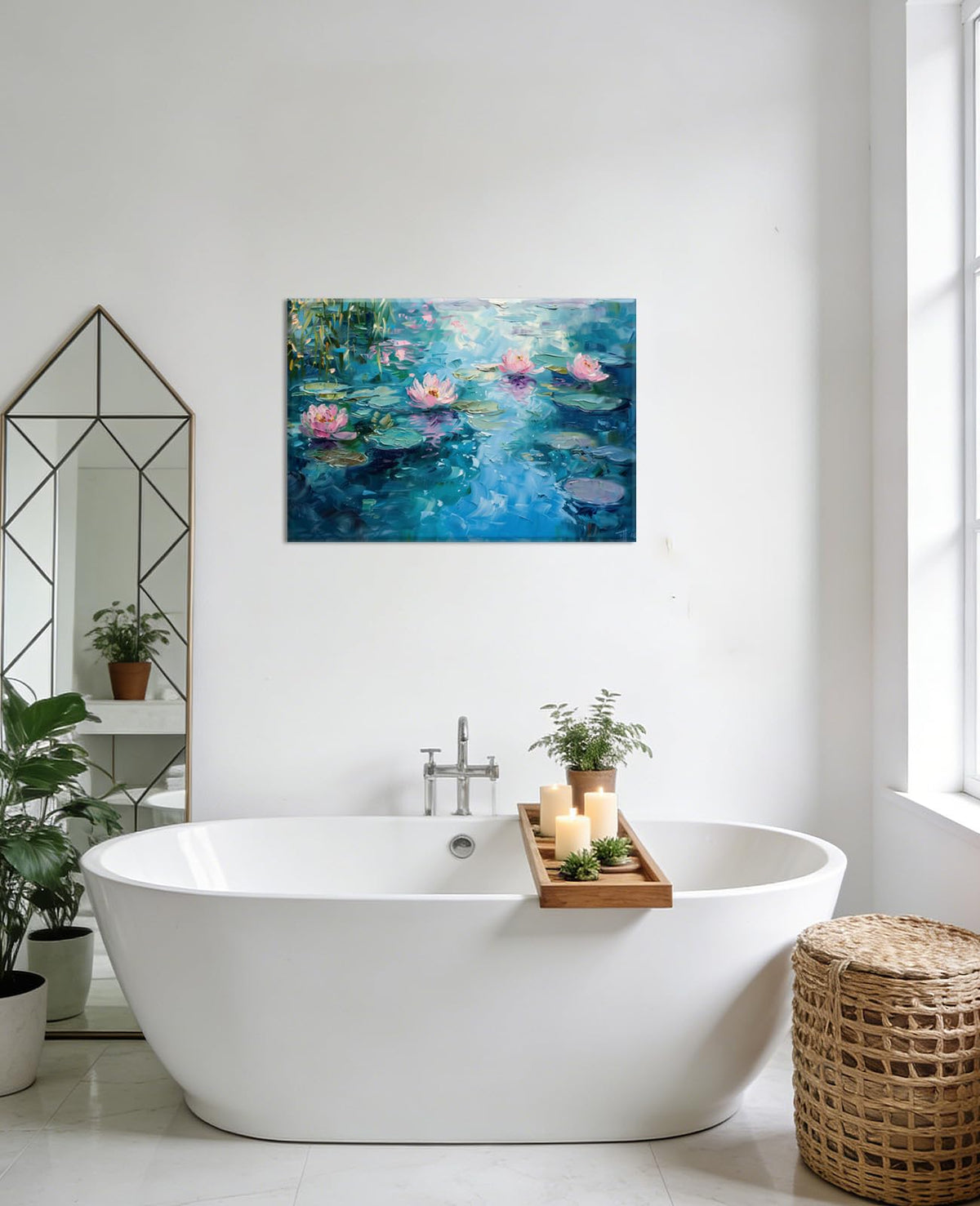 Lotus Wall Art Water Lilies Picture Canvas Prints Flowers Landscape Painting Vintage Floral Artwork for Living Room Bathroom Home Decor Framed (24"L x 16"W / Blue)