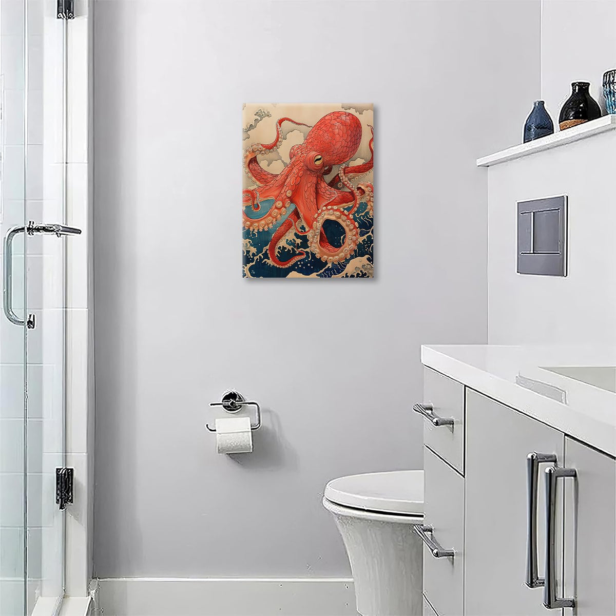 Octopus Canvas Wall Art Retro Ocean Waves Modern ArtWork 16'' x 20" (Octopus / 20"L x 16"W)