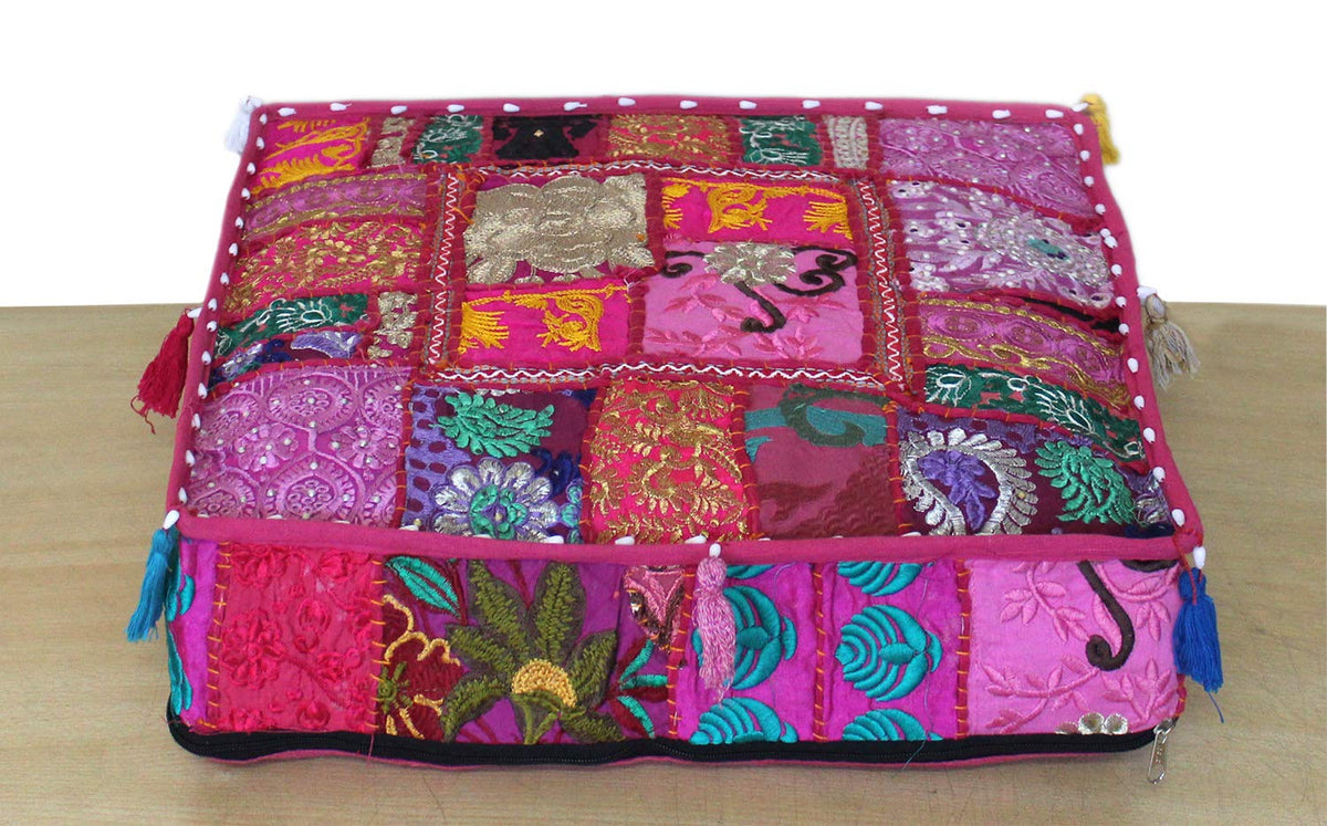 Indian Square Patchwork Traditional Pouf Cover Indian Living Room Poufs Decorative Embroidered Designer Ottoman Home Living Footstool Chair Cover Decor Pillow Cover 16x16x5 inches (16"D x 16"W x 5"H / Pink)
