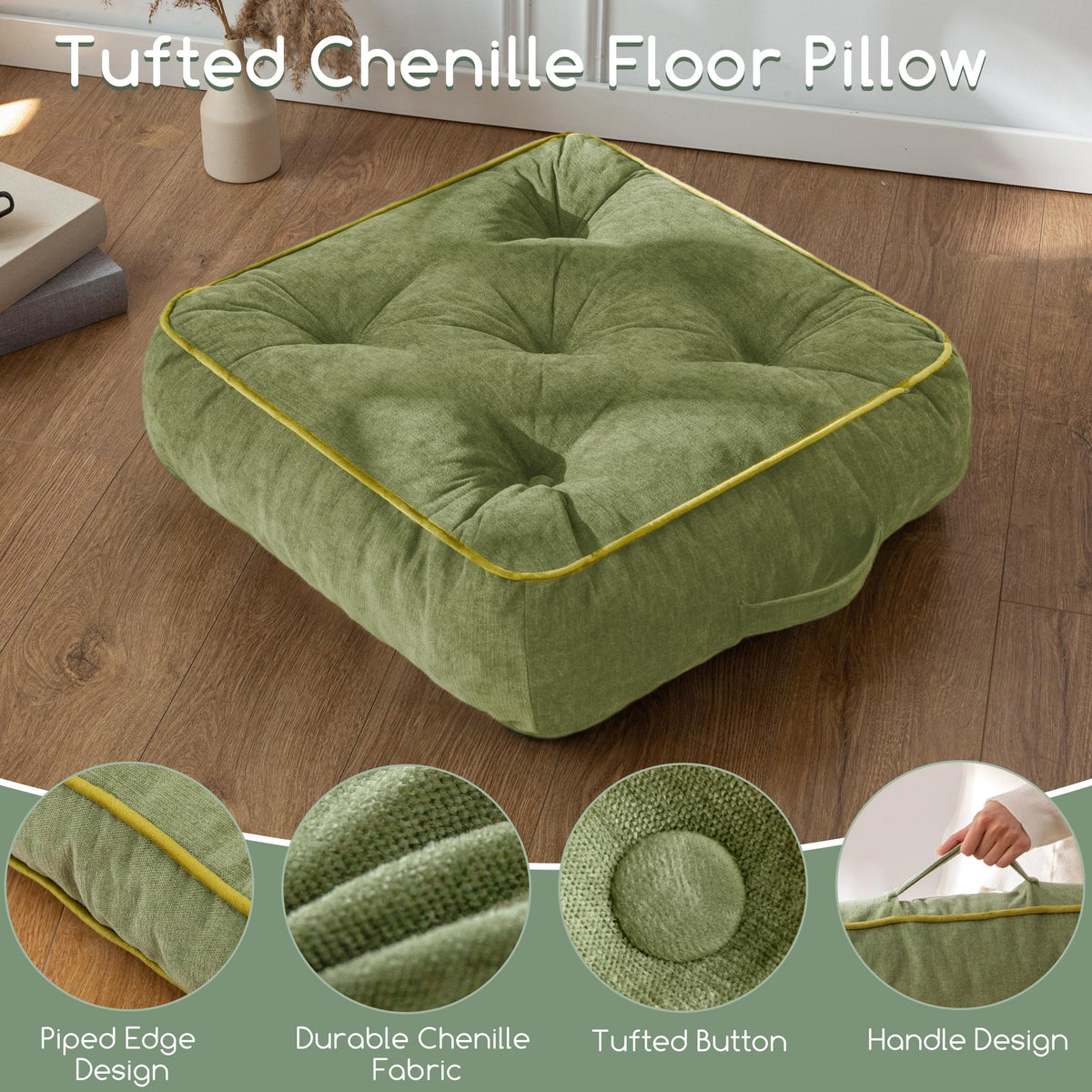 6" Extra Thick Floor Pillow Cushion for Adults (6" Thick(Pack of 1) / Square Green)