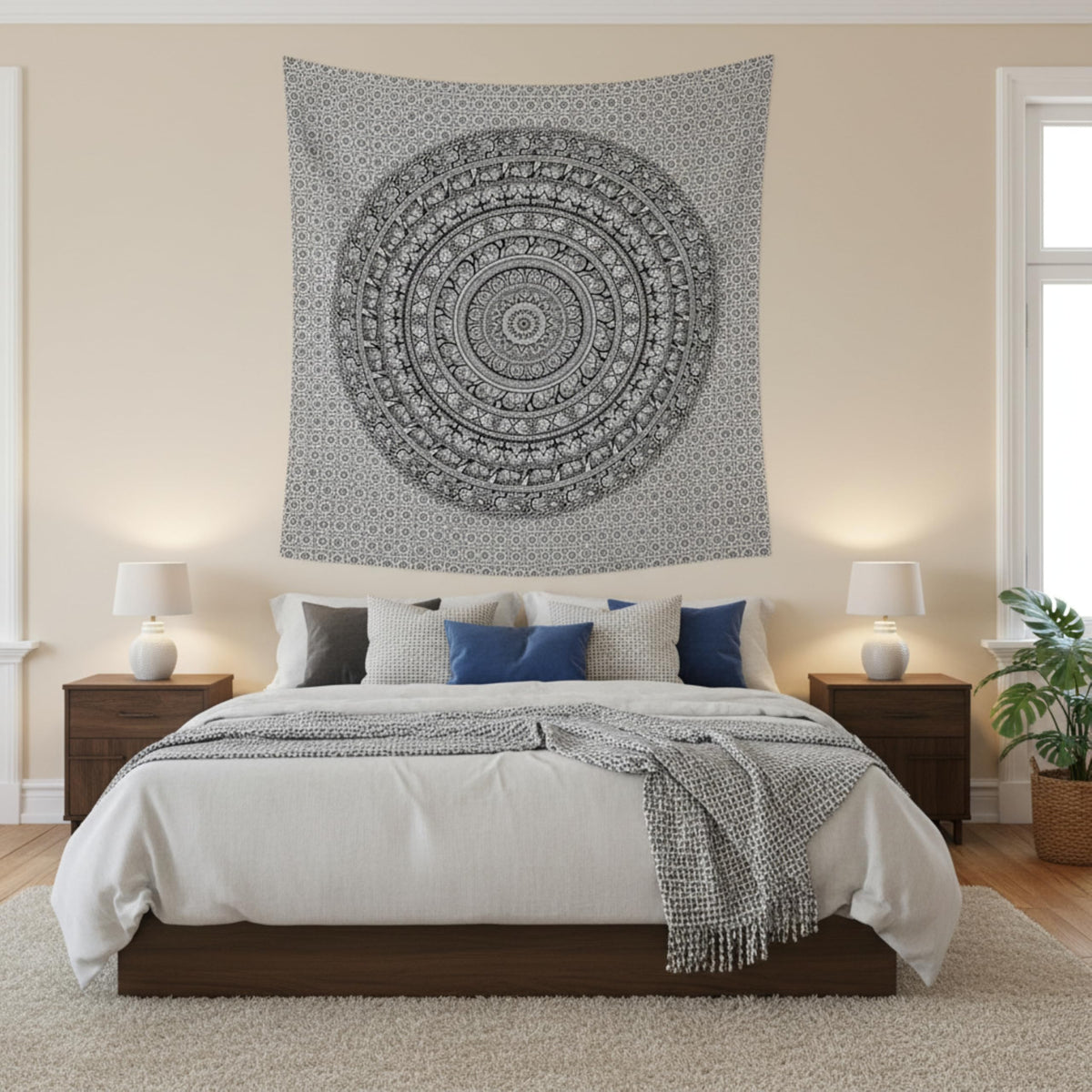 Cotton Mandala Tapestry (Black and White / 54"L x 84"W)