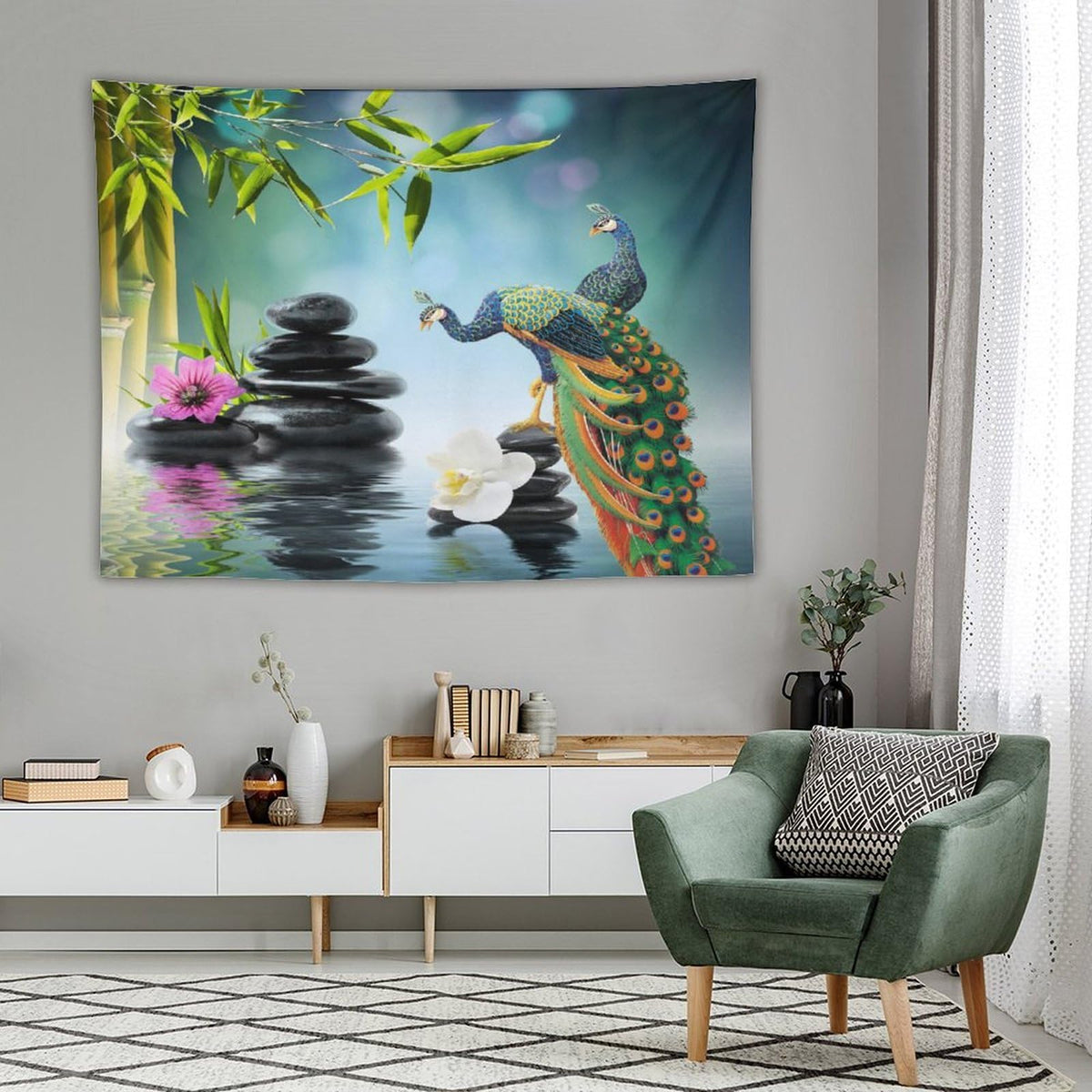 Zen Garden Tapestry Wall Hanging Peacock Green Bamboo Leaf Purple White Flower Black Stone Water Landscape Spa Themed Tapestries Home Decor for Living Room Bedroom 60"x80" (60"L x 80"W / Zen-9)