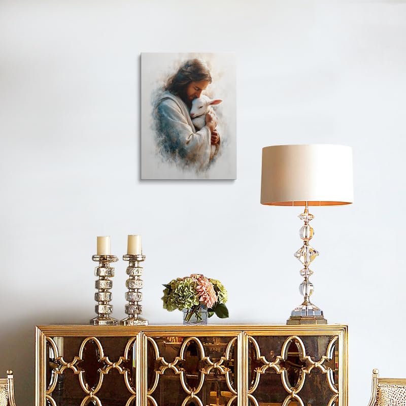 Good Shepherd Jesus Wall Art Canvas Framed Painting with Lamb Gentle Embrace in Soft Blue Cream Earth Tones Serene Christian Religious Wall Decor Artwork for Home Bedroom Church 12x16 Inches (Jesus with the lamb / 16"L x 12"W)