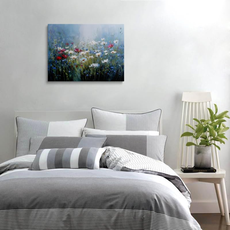 Wildflower Field Canvas Wall Art Framed Print Painting Red and White Blooms Impressionist Serene Wall Decor Artwork Poster Soft Blue Green Background for Living Room Bedroom Nursery Decor 12x16 Inches (wildflowers / 16"L x 12"W)