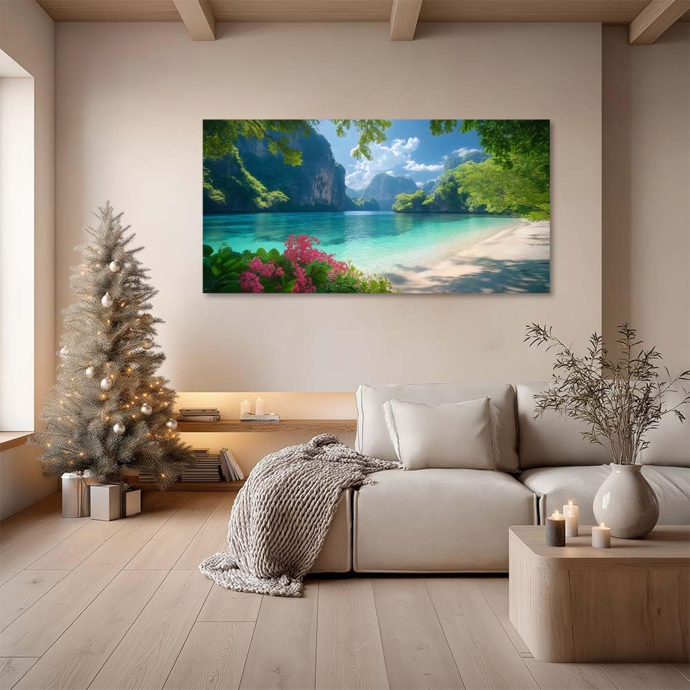 White Tropical Lagoon Beach Wall Art Art Deco Painting Prints Canvas (Coastal / White Lagoon Beach 105 / 46"L x 23"W)