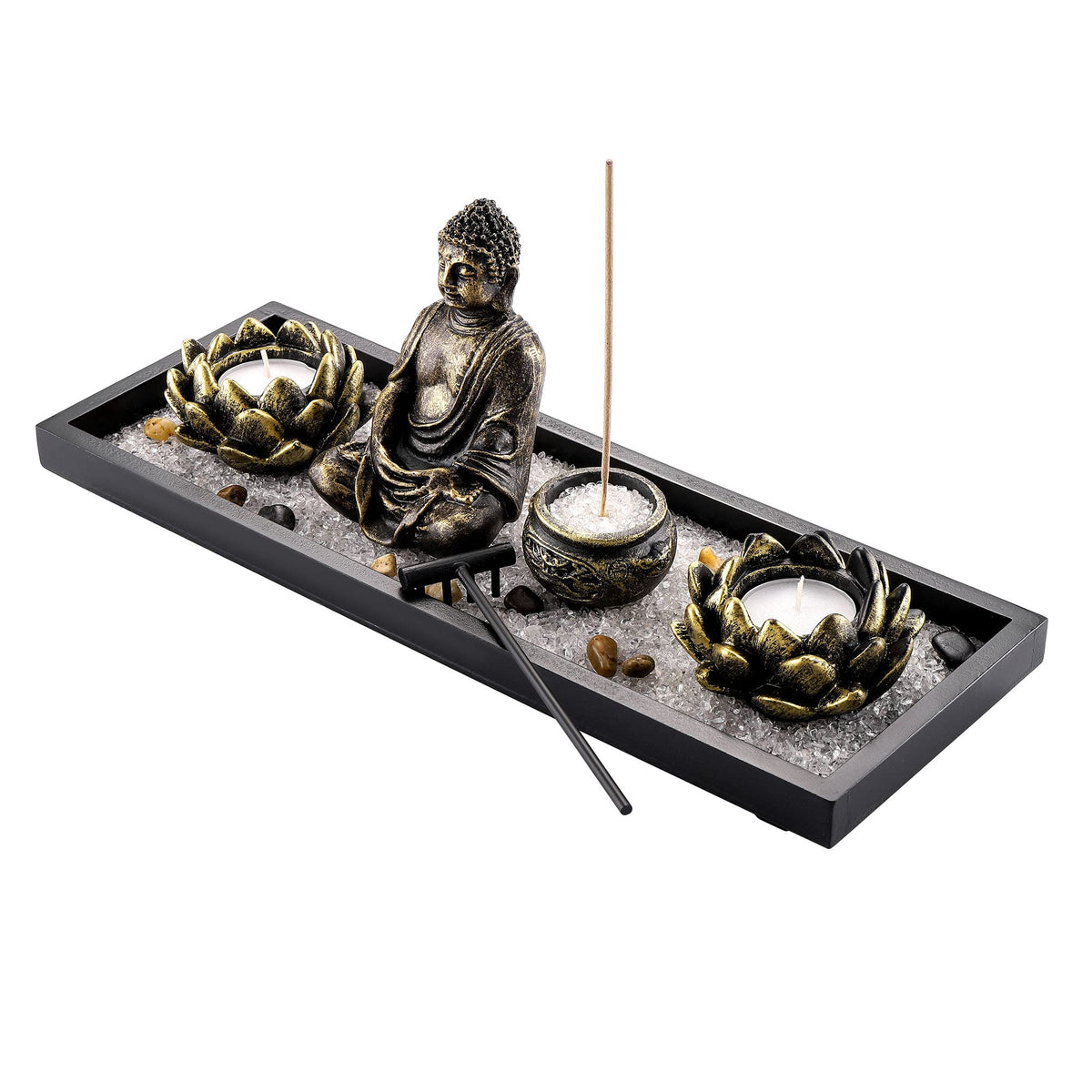 Zen Garden Set Buddha Statue 2 Lotus Tealight Candle Holders (Set 1)