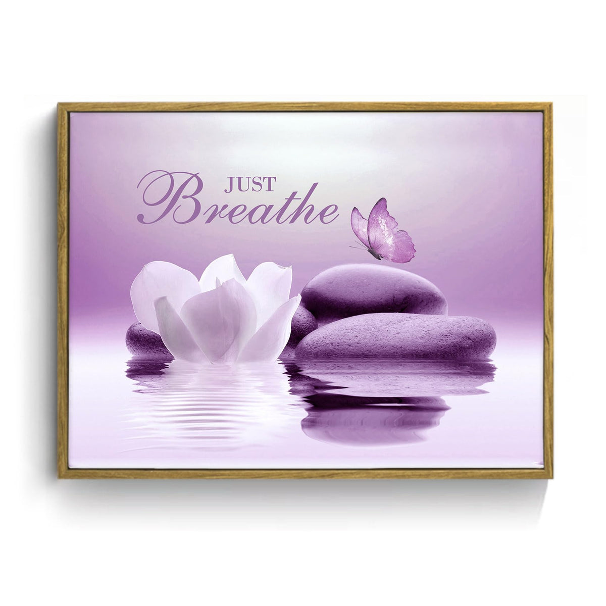 Zen Framed Wall Art for Living Room Water Lily Floral with Purple Butterfly Framed Canvas Wall Art Just Breathe Spiritual Relaxing Canvas Paintings Spa Yoga Office Wall Decor (12"L x 17"W / Purple)