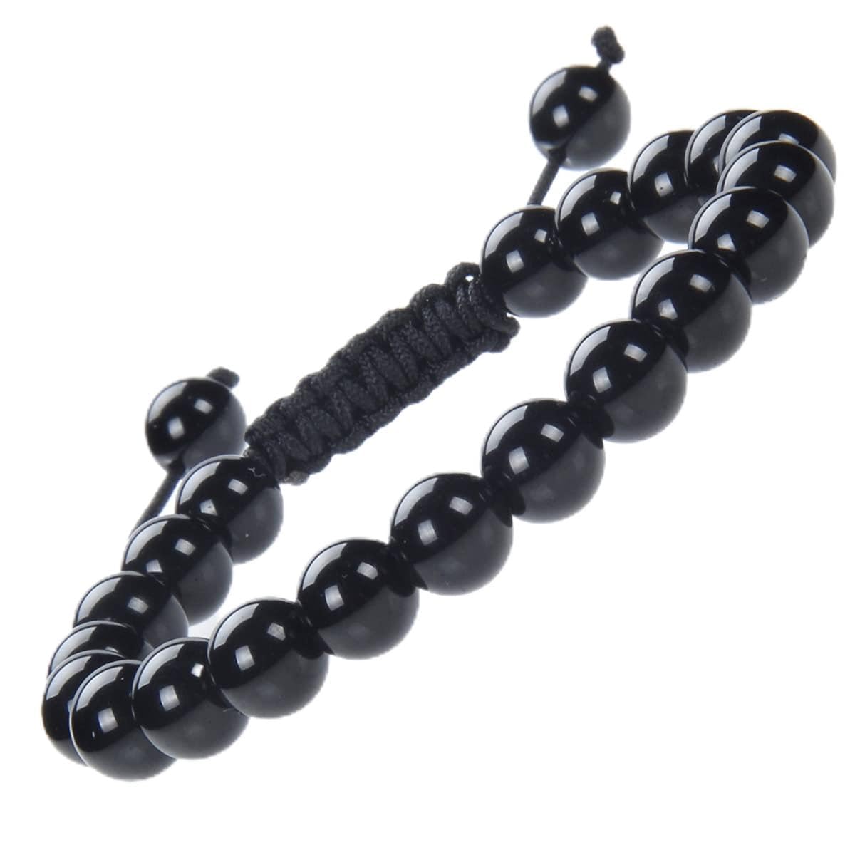 8MM Natural Healing Power Gemstone Crystal Round Beads Unisex Adult Adjustable Macrame Bracelets (Tourmaline Black / 8mm)