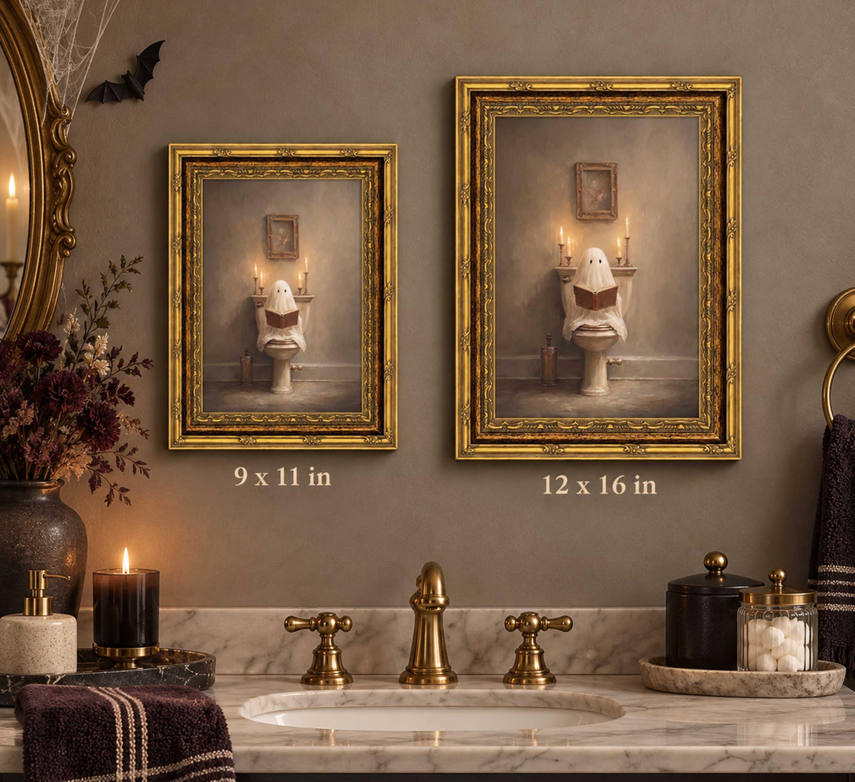 Vintage Gold Framed Halloween Bathroom Canvas Wall Art 12x16in (Ghost / 16"L x 12"W)