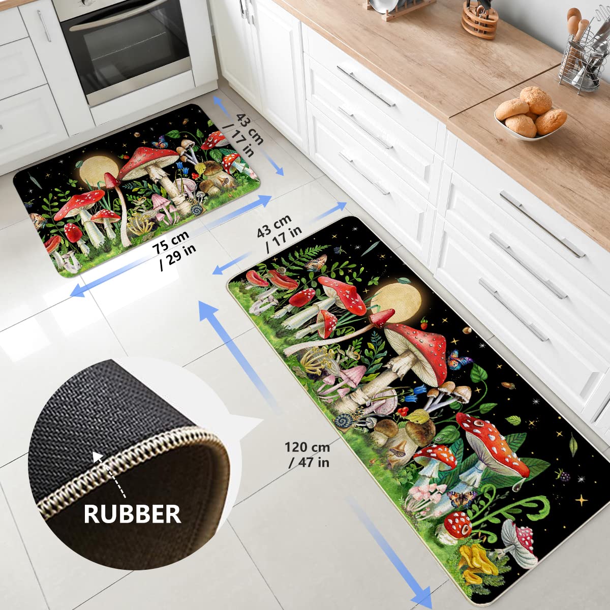 Mushroom Kitchen Rug Set of 2 Cute Kitchen Mats 17"x 29"+17"x47" (Mushroom / 17" x 29" + 17" x 47" (Rectangular))