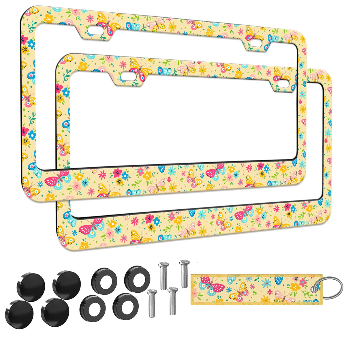 Colorful Floral Butterfly License Plate Frame Women 2Pc Car Tag (for Butterfly-Flowers -2p)