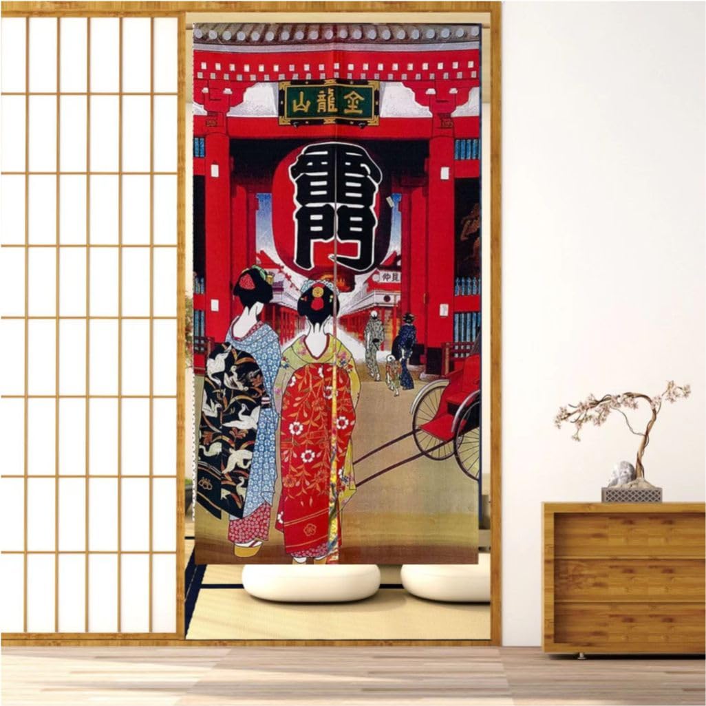 Noren Japanese Doorway Curtain Tapestry Decorations Room Divider Curtain Privacy Anime Curtains (Kaminarimon Gate・geisha / 33.5"W x 59"L (Pack of 1))