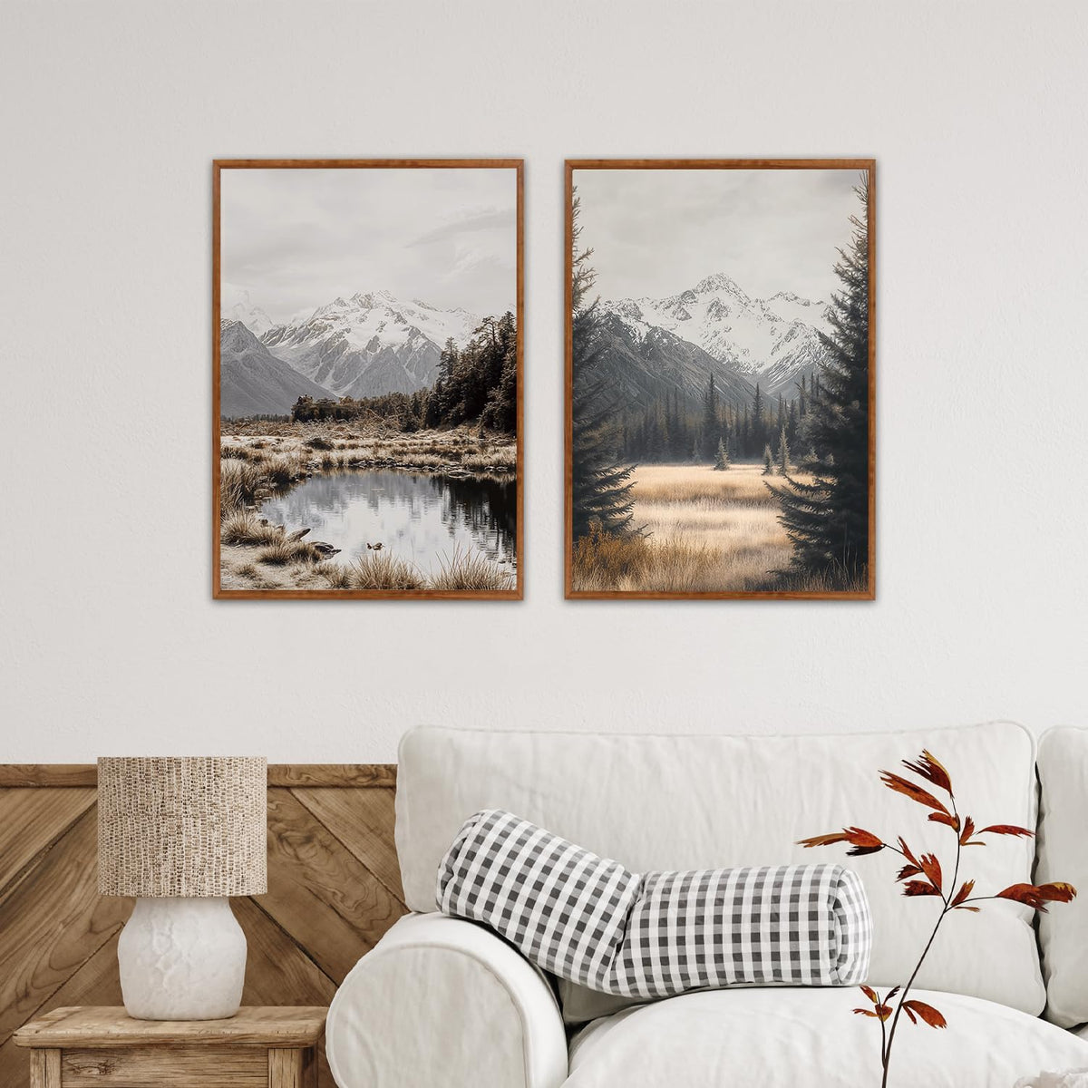 White Snow Mountain framed decor Misty Forest Framed Canvas Wall Art set of 3 (Snow)