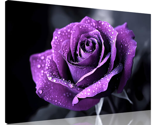 1 Panel Purple Flower Pictures Canvas Wall Art Purple Black and White Purple Rose with Dewdrops Artwork Painting on Canvas Stretched and Framed for Home Decor Living Room 30x40 inch (40"L x 30"W / Purple Flower 12)