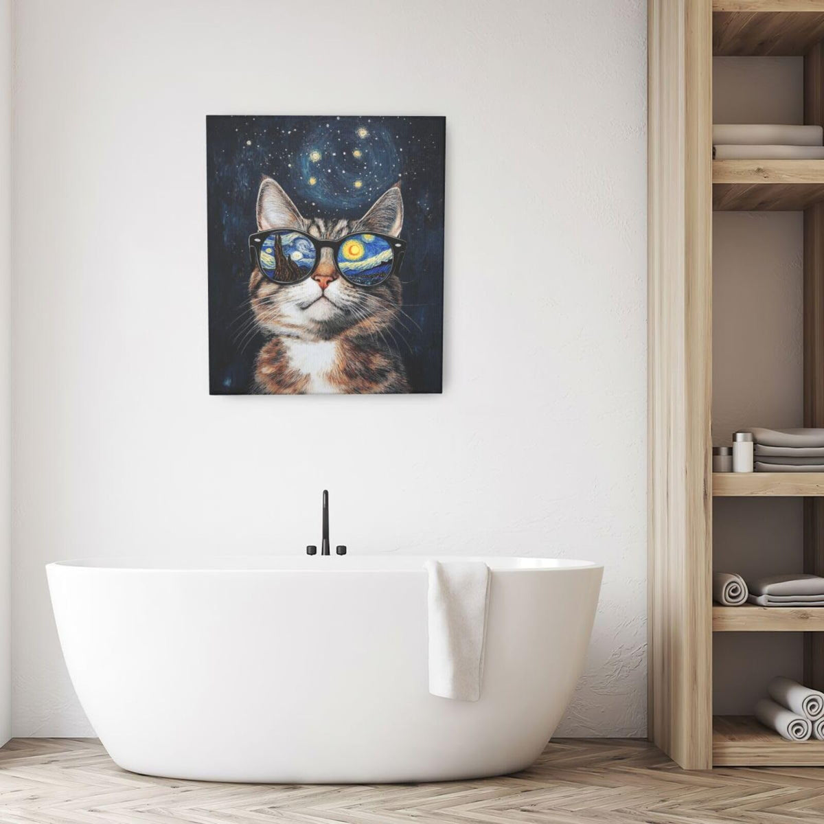 Funny Cat Wall Art Cute Cat Bathroom Canvas Wall Decor Starry Night Glasses Pictures Paintings Prints Artwork Framed Decorations For Bedroom Living Room Gifts 20" x 24" (Vangogh Cat / 24"L x 20"W)