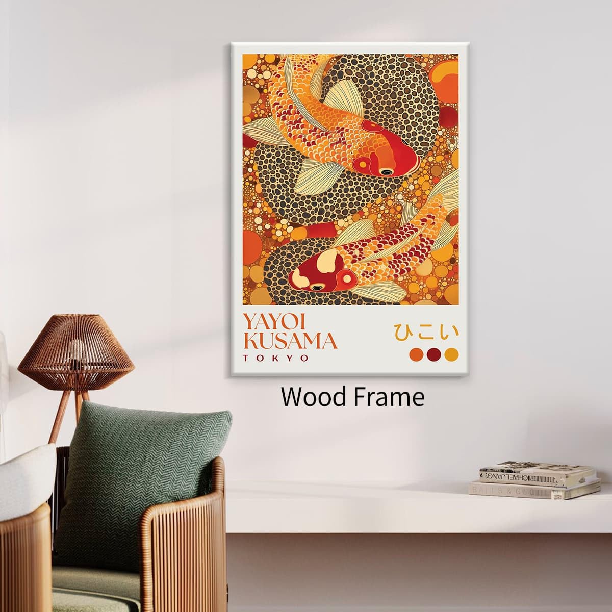 Yayoi. Kusama Framed Wall Art 12x16 inch Japanese Home Decor Vintage Koi Fish Posters Dot Picture Prints Colorful Fish Painting for Asian Bedroom Bathroom Living Room Hallway (Wrapped Canvas / Japanese Art 010 / 16"L x 12"W)