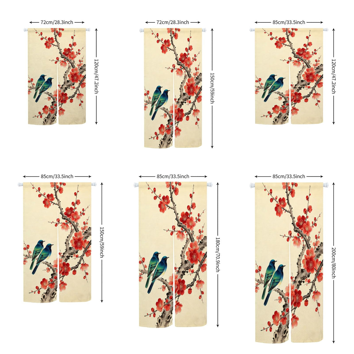 Japanese Noren Doorway Curtain New Chinese Bird Flower Tapestry 33.5x59inch (Beige Red / 33.5"W x 59"L (Pack of 1))