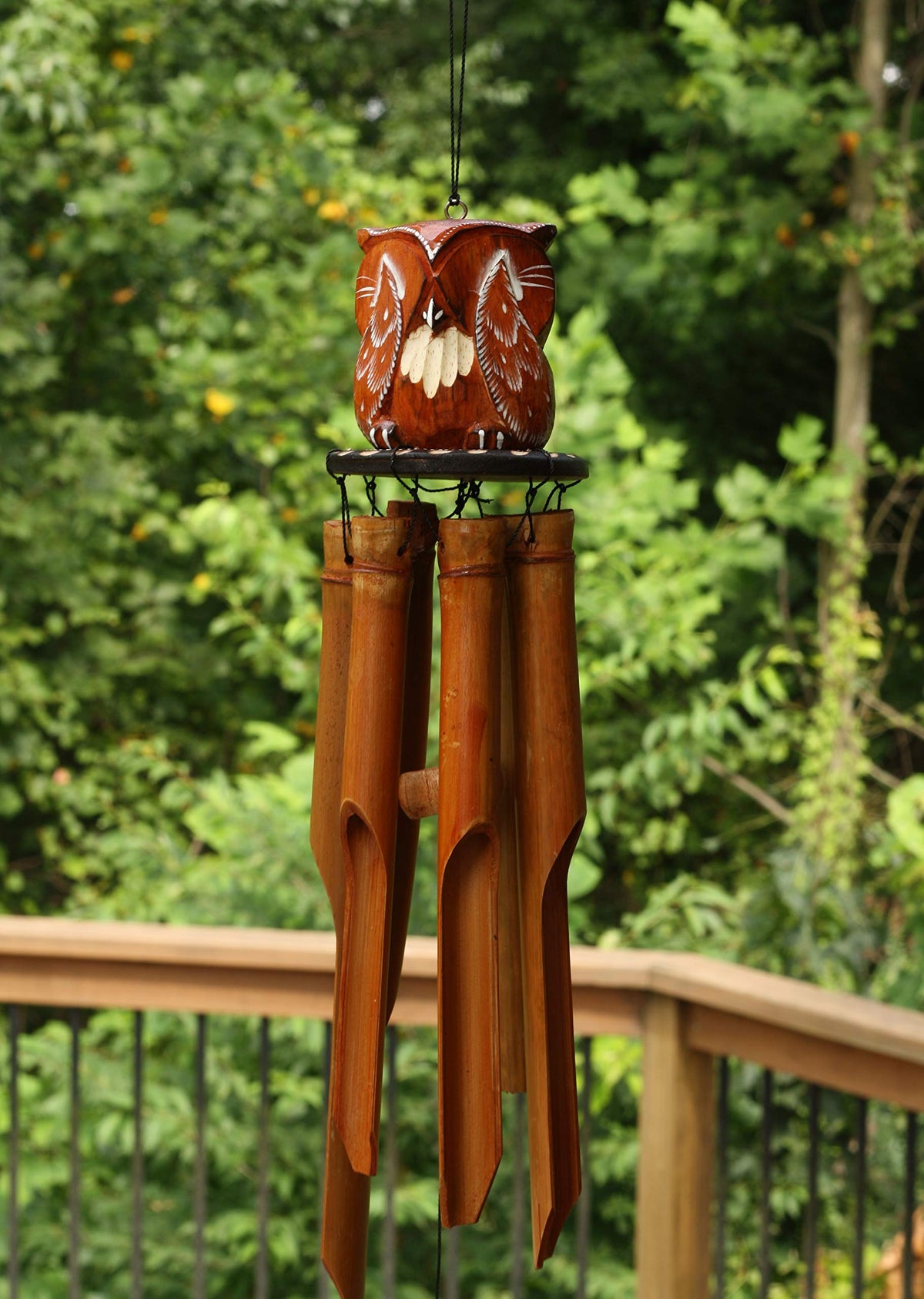 Handmade Wooden Owl Bamboo Wind Chime Wood Statue Figurine Hoot Sculpture Art Decorative Rustic Patio Garden Outdoor Decor Handcrafted Decoration (See No Evil Owl Chime)