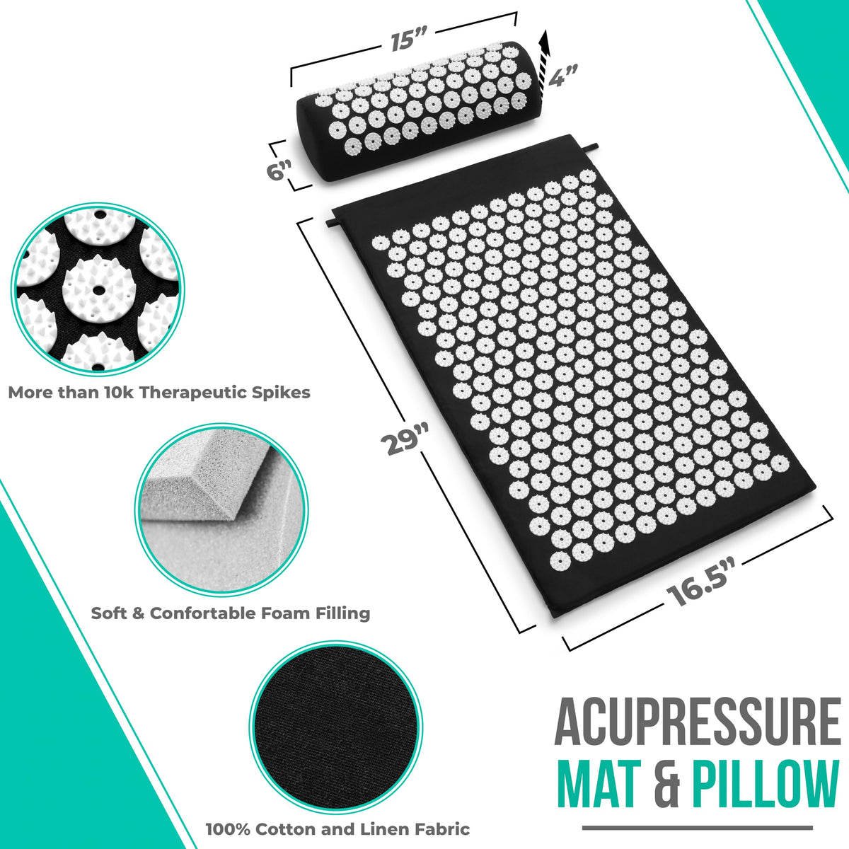 Sivan Acupressure Mat & Pillow Set for Back & Neck (Black/White / Large)