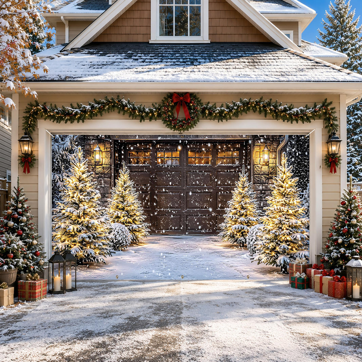 Christmas Snowy Garage Door Cover Banner 6x13FT Winter Xmas Backdrop (Cedar-2)