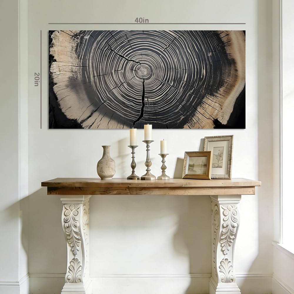 Rustic Tree Ring Canvas Wall Art Modern Wood Slice Cross Section Painting Flat Print Gallery Wrapped Nature Artwork for Living Room Bedroom Bathroom Decor (Wildlife / Black Tree Rings 37 / 40"L x 20"W)