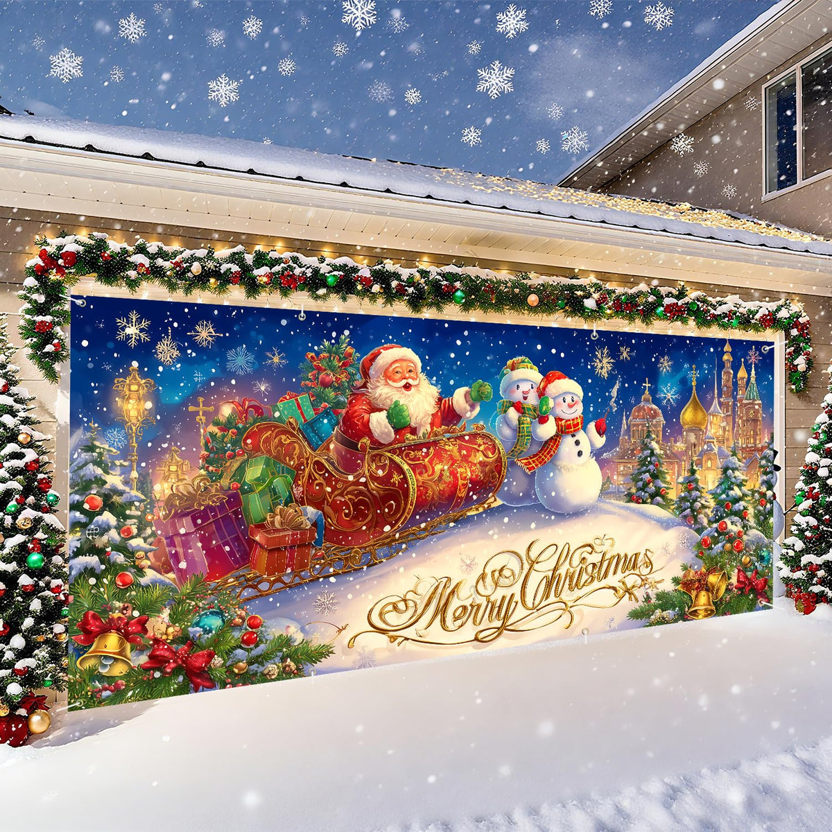 Santa Sleigh Merry Christmas Garage Door Banner (64 / 6 x 13 ft)