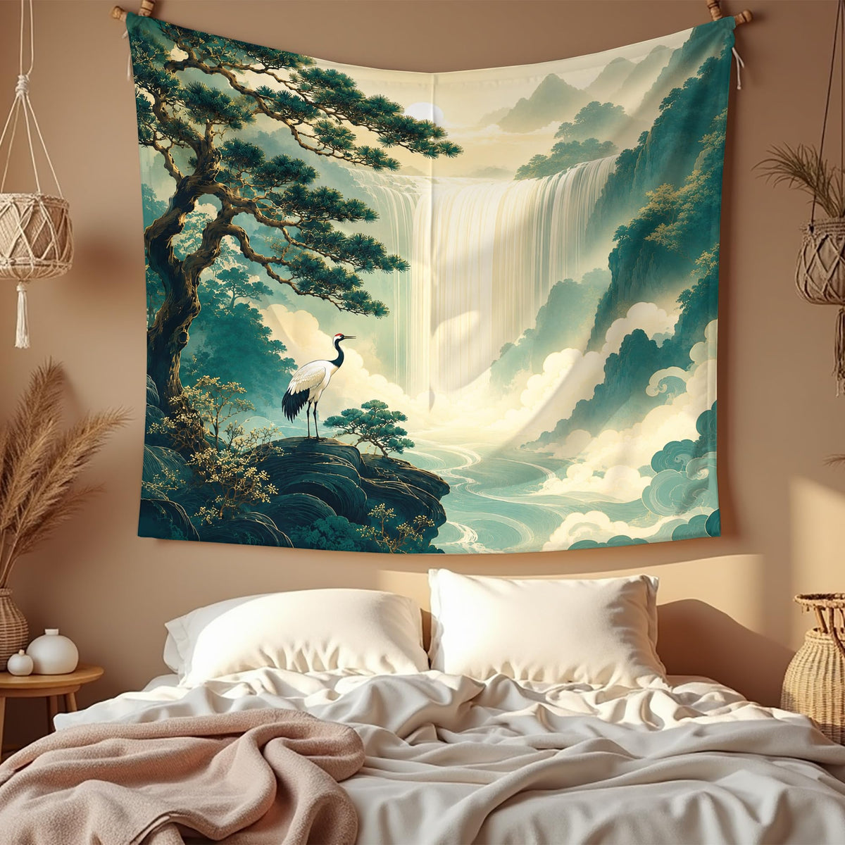 Crane Waterfall Tapestry 60x50 (Teal Crane Waterfall)