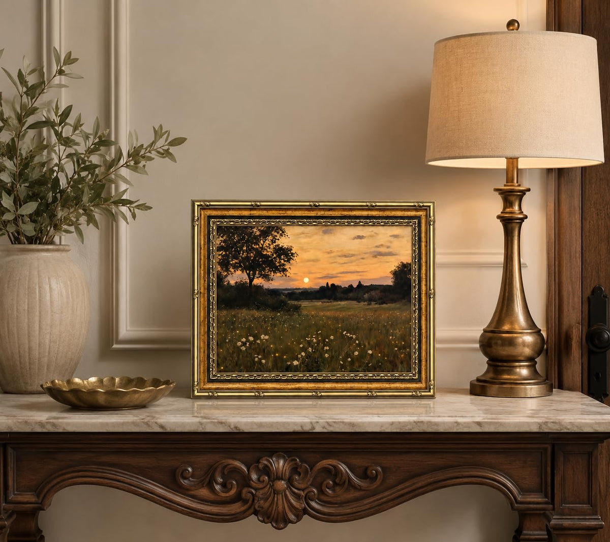 Framed Vintage Floral Wall Art Sunset Flower Field Canvas Print Poster Country Gallery Style Landscape Painting Living Room Bedroom Farmhouse Wall Decoration 8x10 Inches Ready To Hang Or Tabletop (Flowers - 10 / 8x10in)