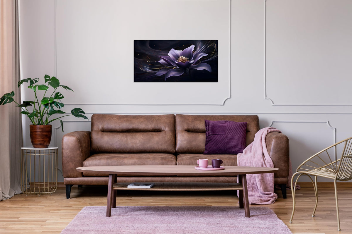 1 Panel Wall Art Purple Canvas Wall Art Purple Flower with Black Swirls Print on Canvas Flower Picture for Bedroom Home Decor Living Room Stretched and Framed 12x24 inch (24"L x 12"W / Purple Flower 5)