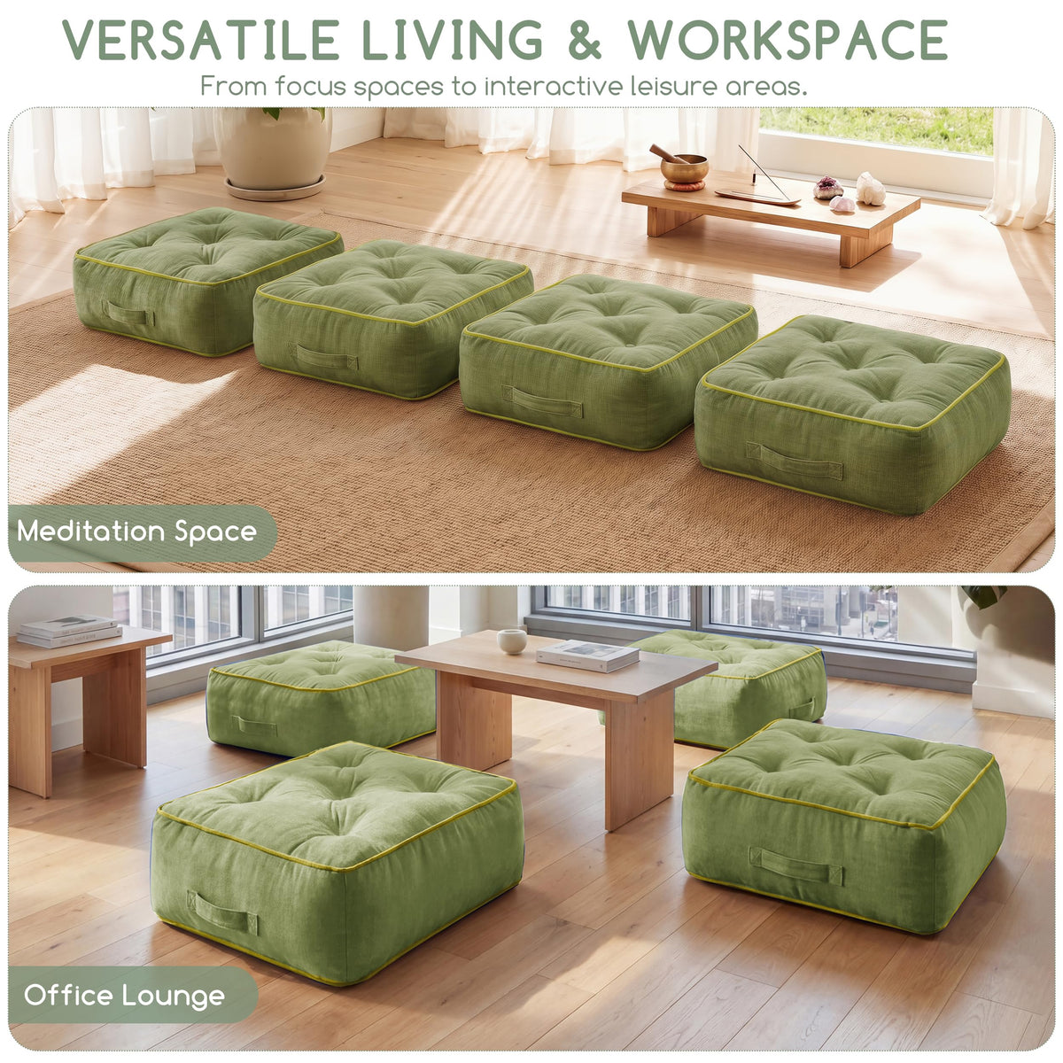 8" Extra Thick Floor Pillow Cushion for Adults (8" Thick(Pack of 2) / Square Green)