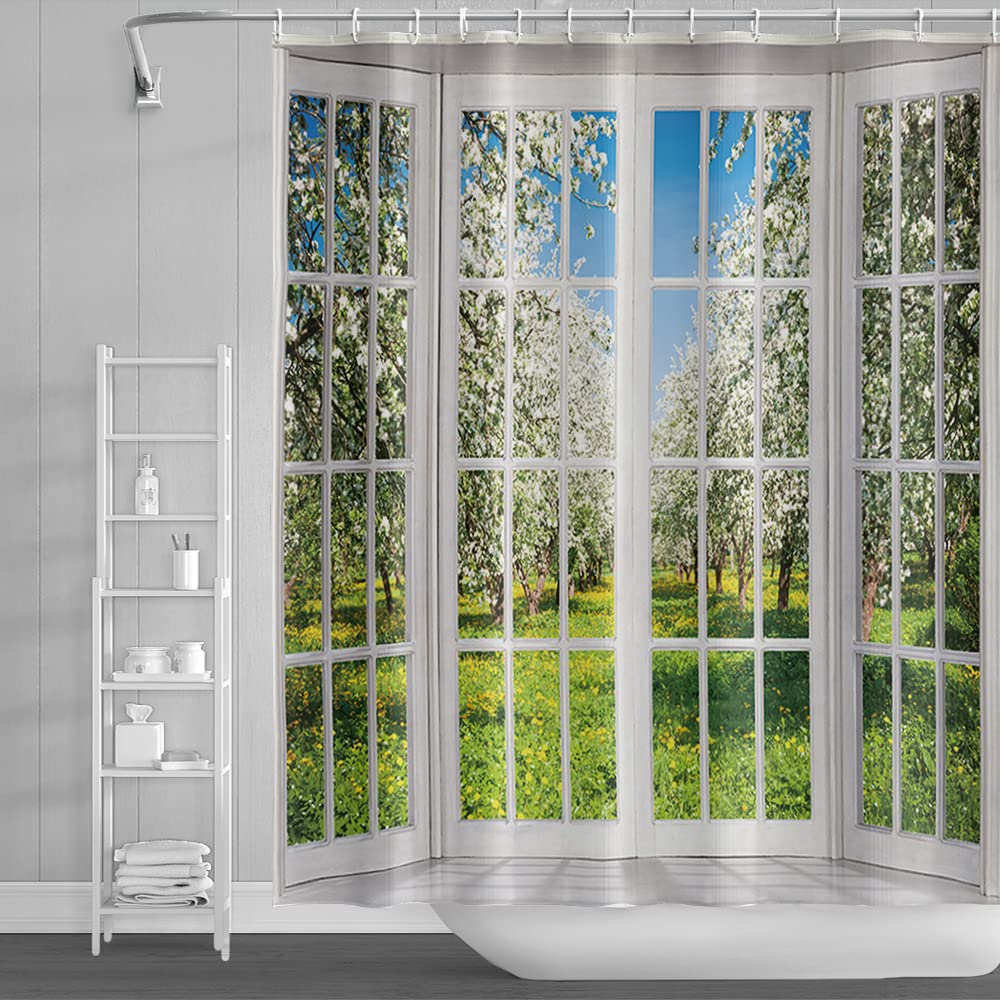 48x72inch Spring Natural Scenery Shower Curtain Sets with Hooks French Style Spring Scenery Outside Window Bath Curtain for Bathroom European White Curtain Pattern Bathtubs Stall Decor (48"W x 72"L (Pack of 1) / Green01)