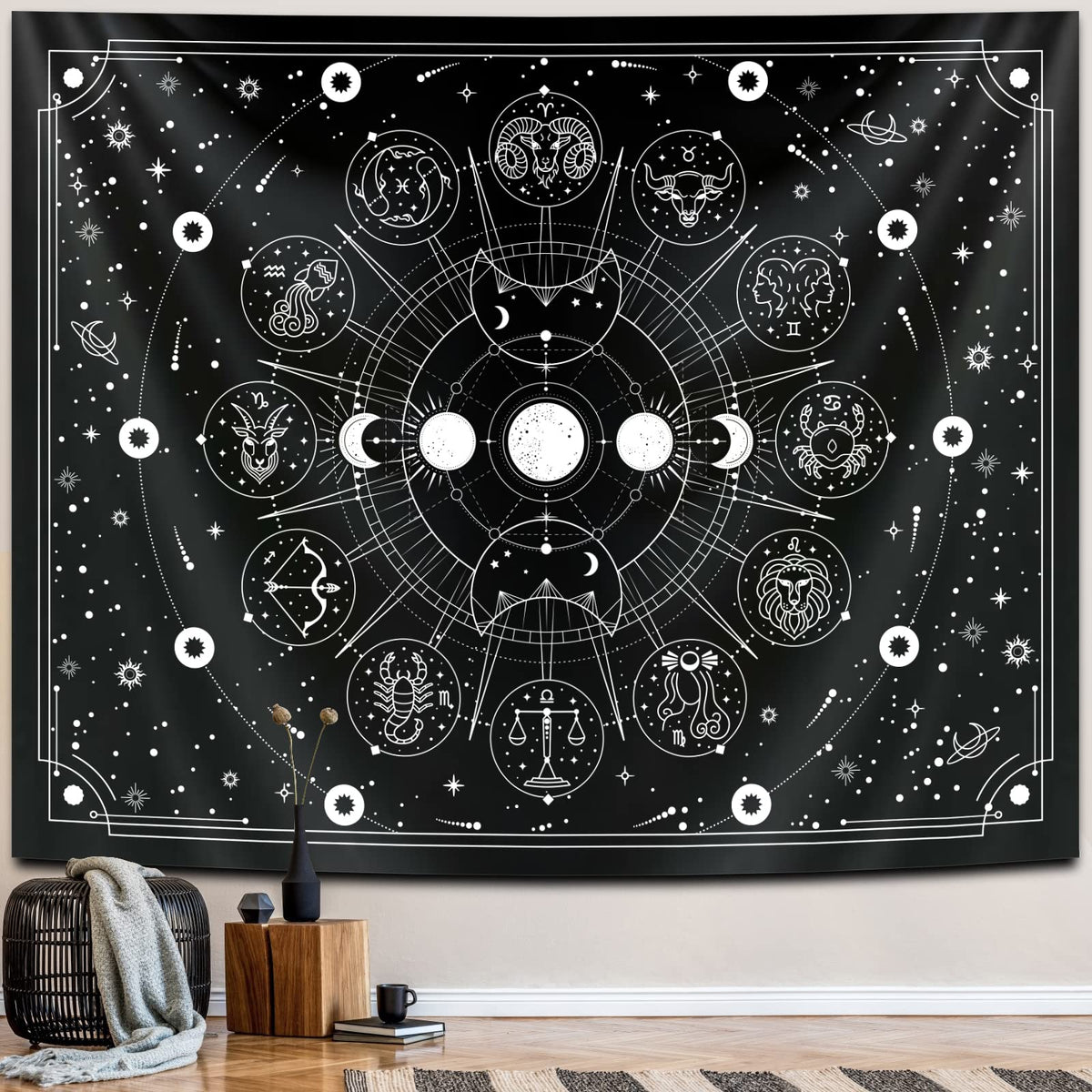 Sun Moon Zodiac Tapestry Wall Hanging (Multicolor / 37"L x 29"W)