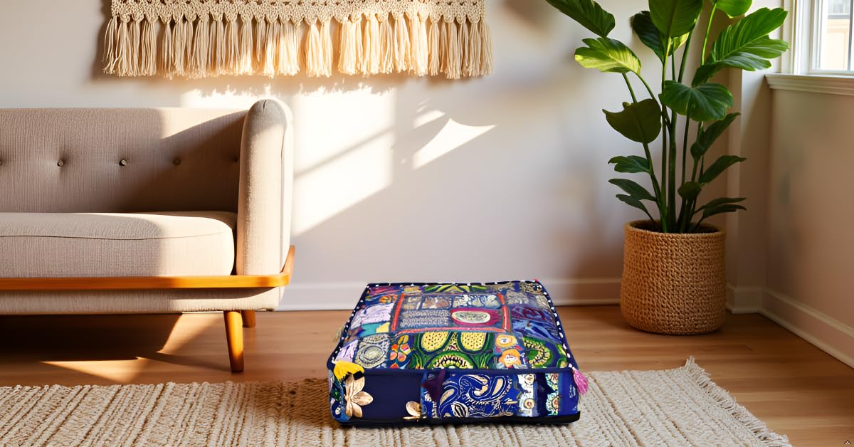 Indian Square Patchwork Traditional Pouf Cover Indian Living Room Poufs Decorative Embroidered Designer Ottoman Home Living Footstool Chair Cover Decor Pillow Cover 18x18x5 inches (18"D x 18"W x 5"H / Blue)