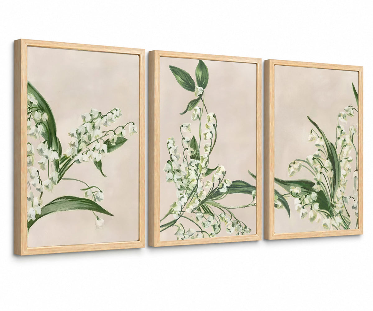 Japandi Floral Wall Art Set of 3 Neutral Green Botanical Print (Lily Of The Valley / 16 X 24 Inches)