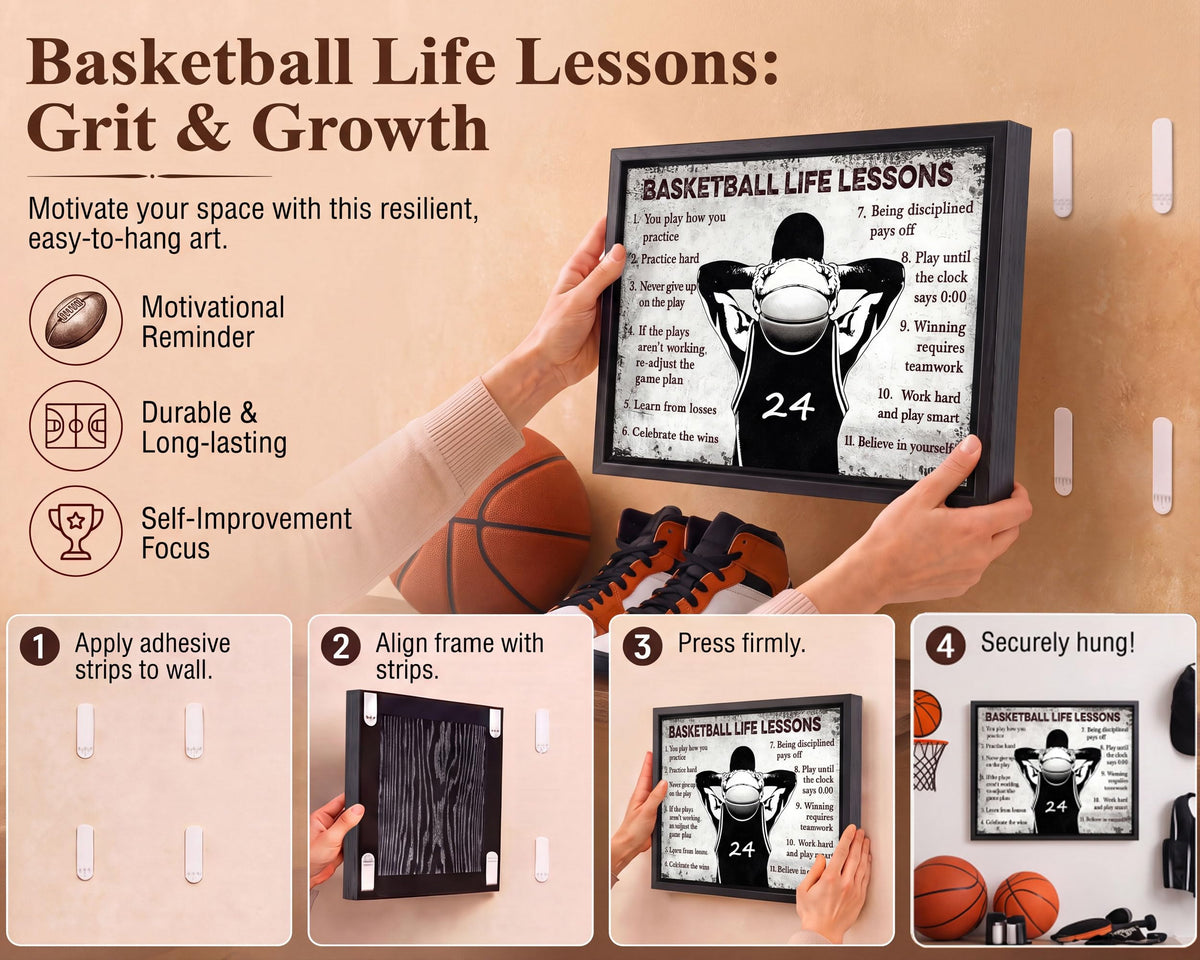 Black Framed Basketball Life Lessons Canvas Wall Art 24x36in (Basketball inspiration / 16"L x 12"W)