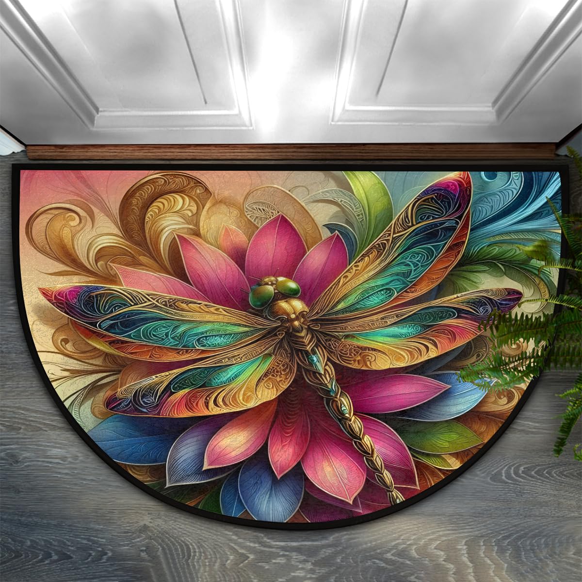 Colorful Dragonfly Gold Half Round Mat Half Moon Door Rug Washable Durable Semi Circle Carpet Floor mats for Indoor Outdoor Bathroom Kitchen Patio Hearth Rug Laundry Room Home Decoration (D 021)