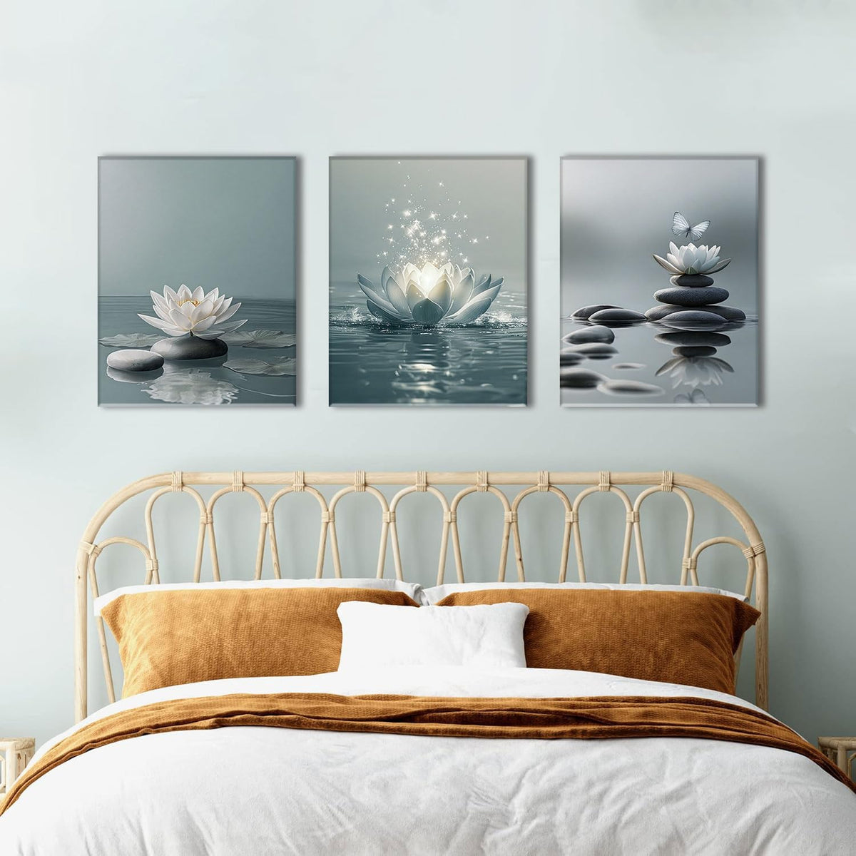 3 Piece Lotus Flower Wall Art Zen Bathroom Wall Decor Spiritual Canvas Art Yoga Room Pictures Meditation Paintings Spa Artwork For Living Room Bedroom (Lotus White / 16x24in)