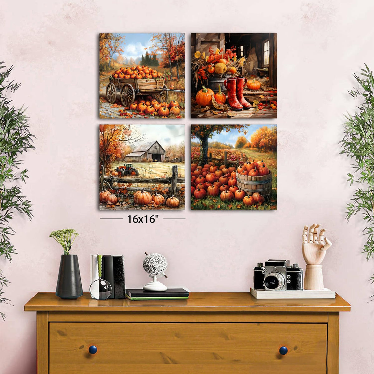 Vintage Fall Themed Farm Landscape Wall Art for Kitchen Farmhouse Pumpkin Field Poster Canvas Prints Country Old Barn Truck Maple Leaves Pictures Framed Artwork Living Room Home Decorations 16x16 4P (16"L x 16"W / Vintage Pumpkin)