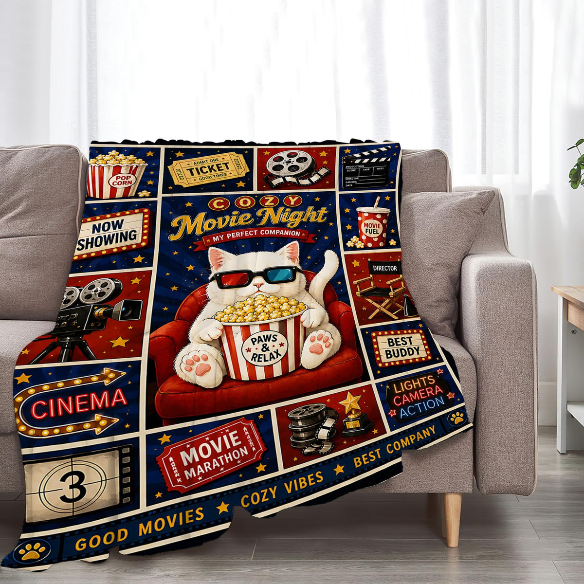 Movie Night Cat Blanket (60"x80" / Movie Night Cat)