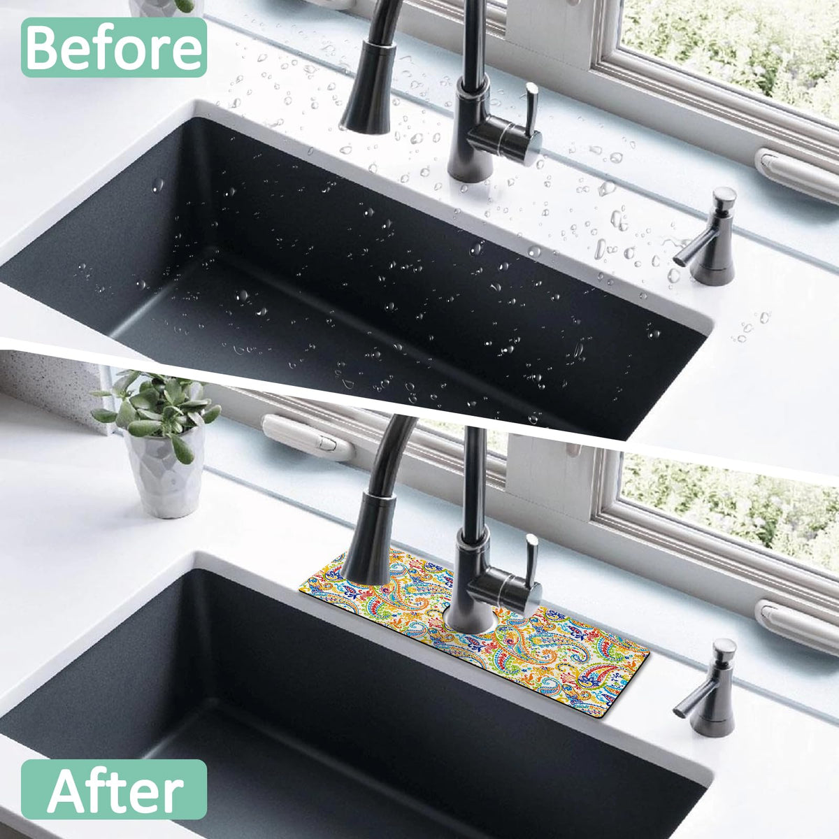 Kitchen Sink Splash Guard Faucet Mat 24" X 5.5" Paisley Absorbent Fast Drying Mat Faucet Draining Mat Sink Splash Guard Behind Faucet Drip Catcher for Kitchen Bathroom (24*5.5in / paisley01)