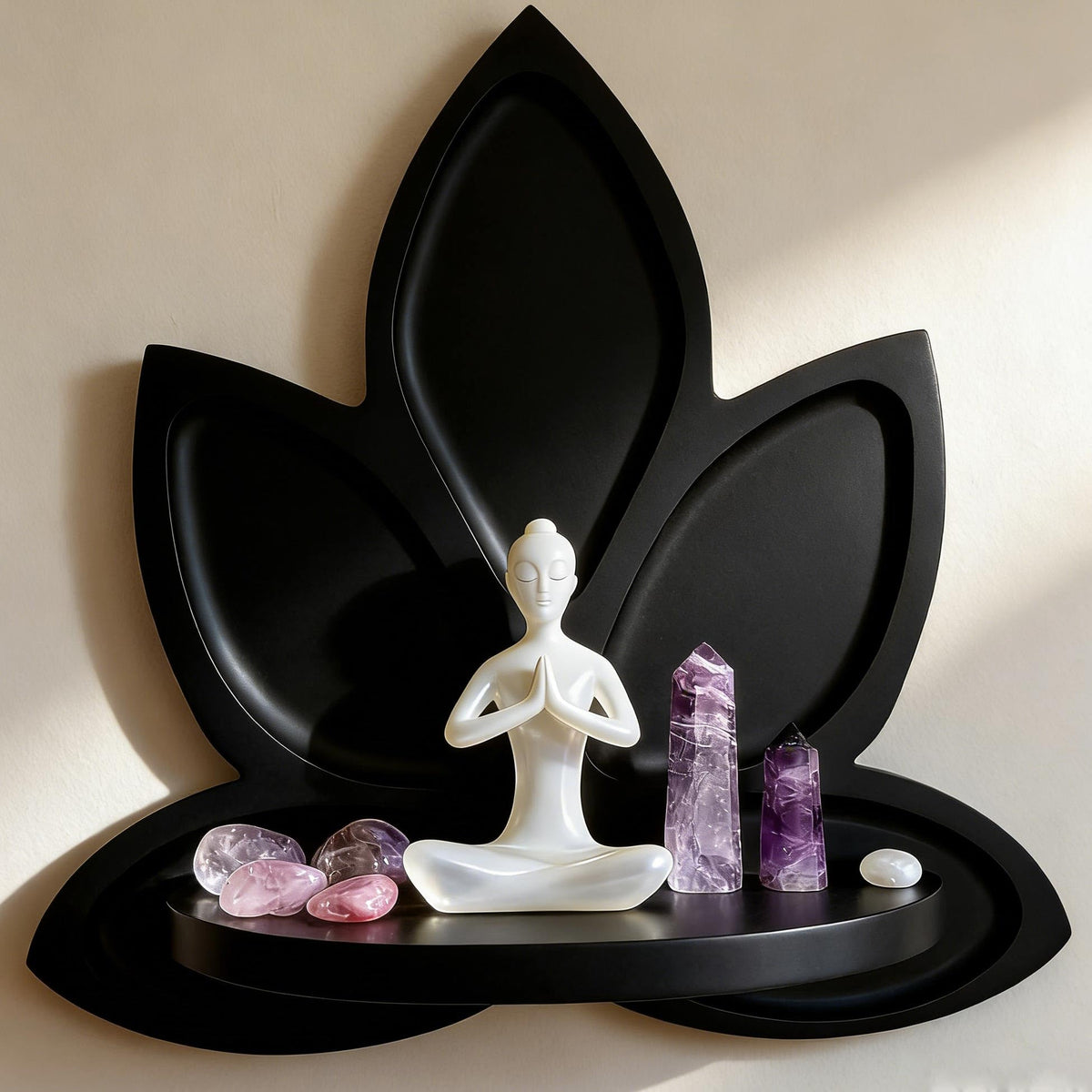 Small Black Carved Lotus Flower Wooden Floating Wall Shelf (Black)