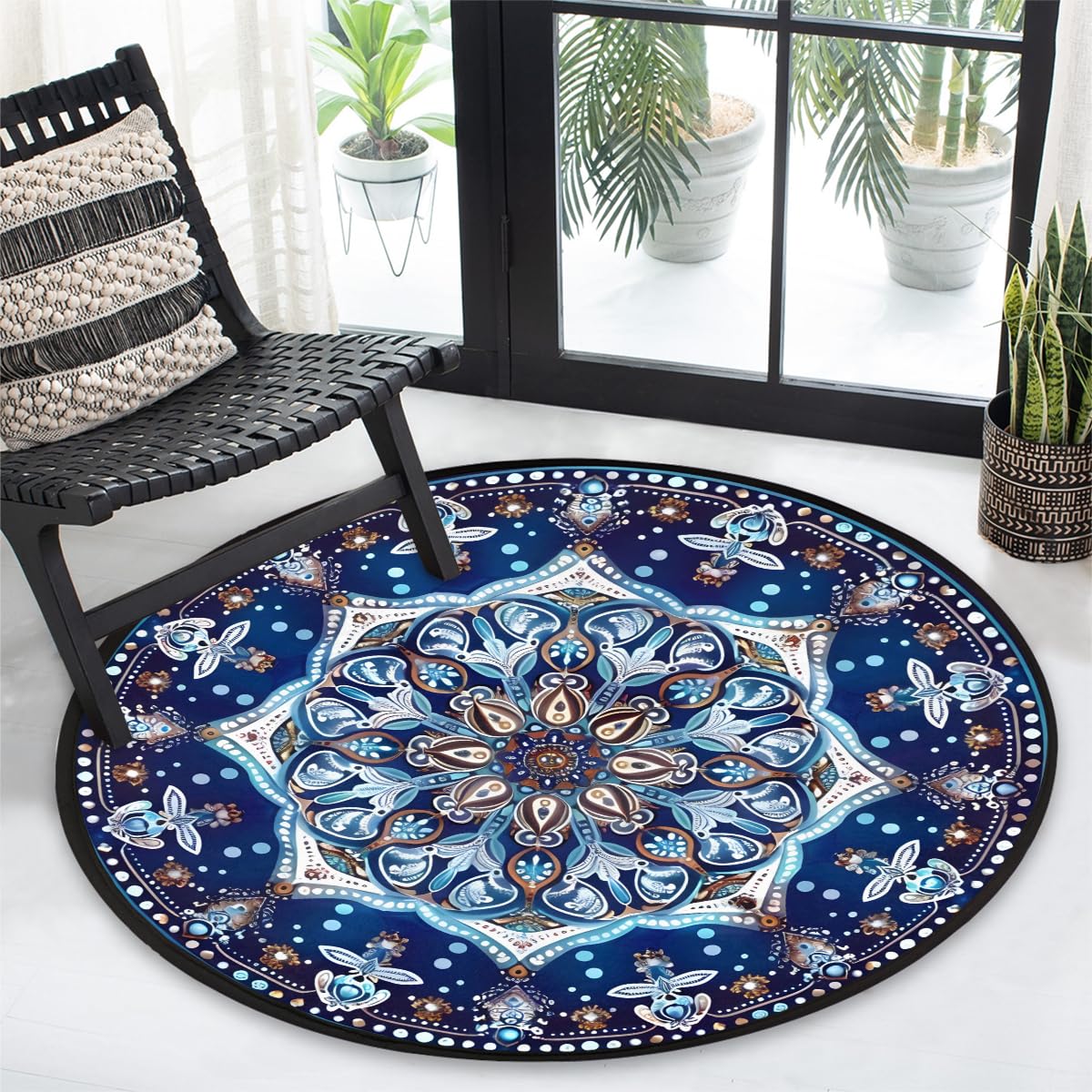 5 Ft Blue Mandala Round Rug Circle Area Rugs Circular Door Mat for Indoor (A:a-8 / 5'5" (Round))